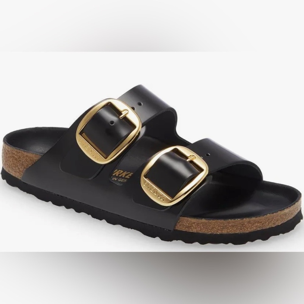 Birkenstock Black Slides with Gold Accents